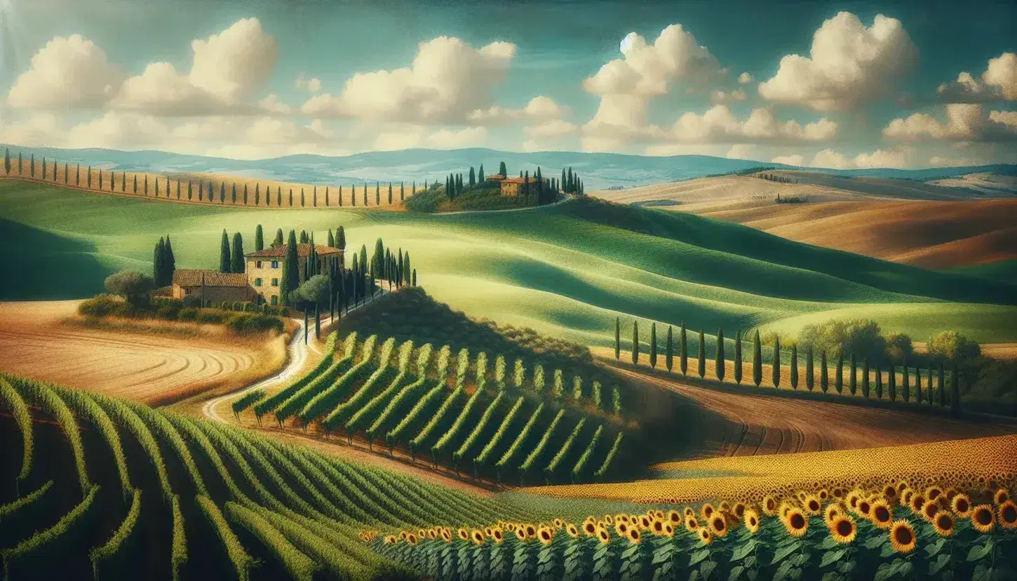 Panorama delle colline toscane con filari di cipressi, casale in pietra, cielo azzurro e campo di girasoli in primo piano.