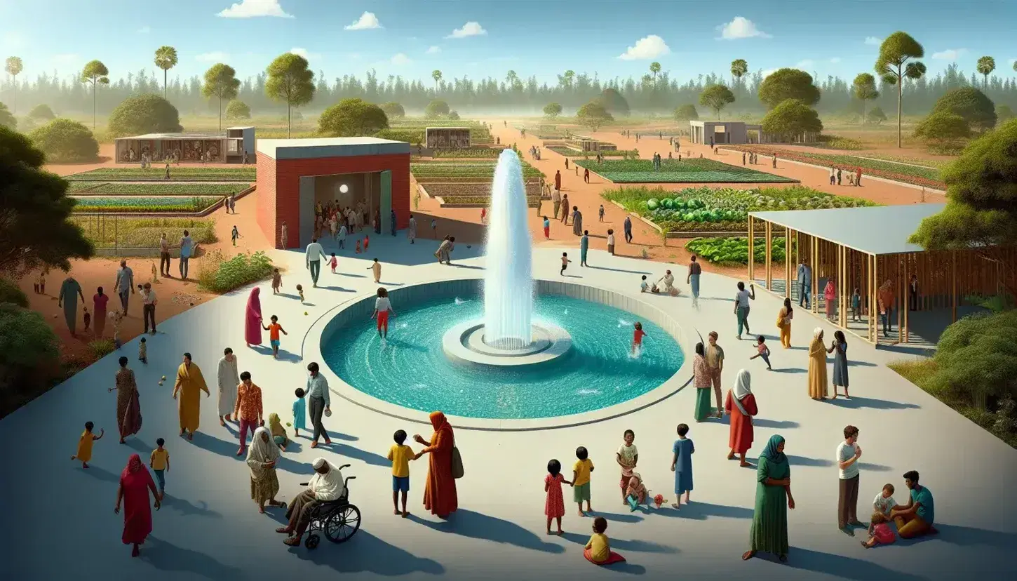 Grupo diverso de personas disfrutando de un parque con fuente de agua, árboles, cielo azul y actividades comunitarias como jardinería y deportes.