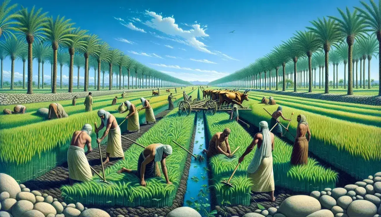Ancient Egyptian agricultural field with workers in linen clothes growing wheat, oxen at work, date palms and water canal.