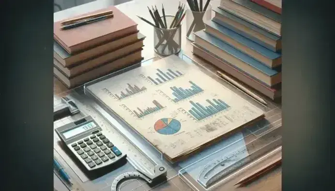 Scrivania in legno con grafici, righello, calcolatrice, libri colorati, compasso e cancelleria, in atmosfera tranquilla e concentrata.