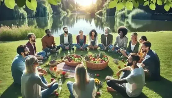 Grupo diverso de personas sentadas en círculo en un parque disfrutando de un picnic con una cesta de frutas en el centro, en un día soleado con lago y patos al fondo.
