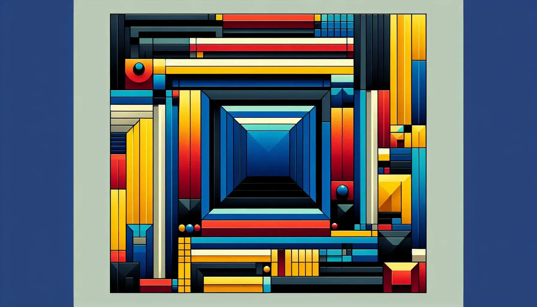 Composizione astratta di forme geometriche con quadrato blu centrale, rettangoli colorati e griglia nera sovrapposta in alto.