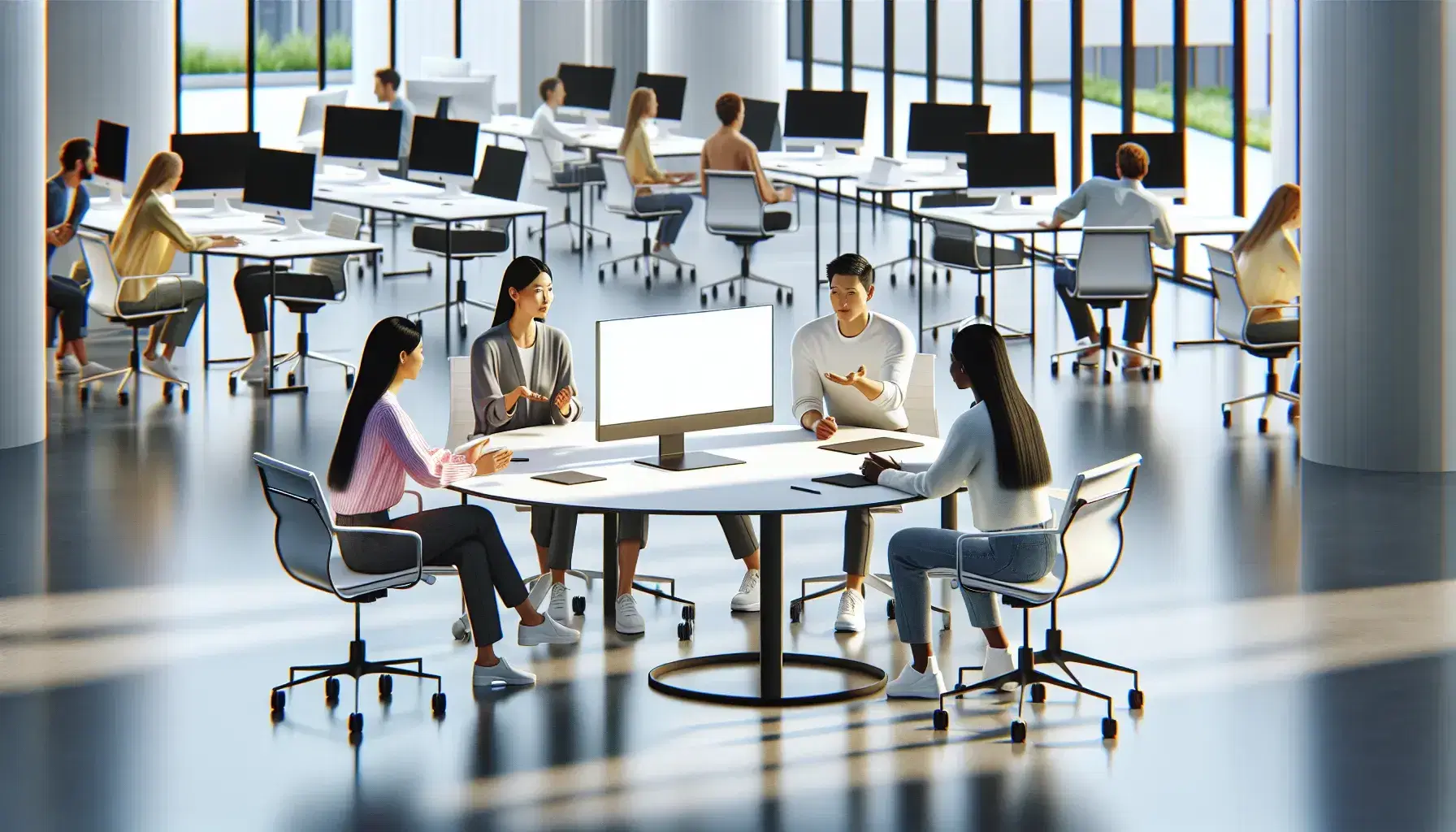 Modern open-plan office with diverse team collaborating around a table, ergonomic workstations, and cityscape view through large windows.