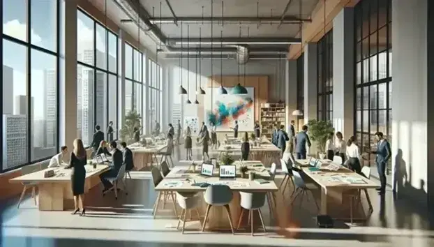 Ufficio moderno e luminoso con gruppo di professionisti che collaborano attorno a una scrivania con laptop e grafici, illuminato da ampie finestre.