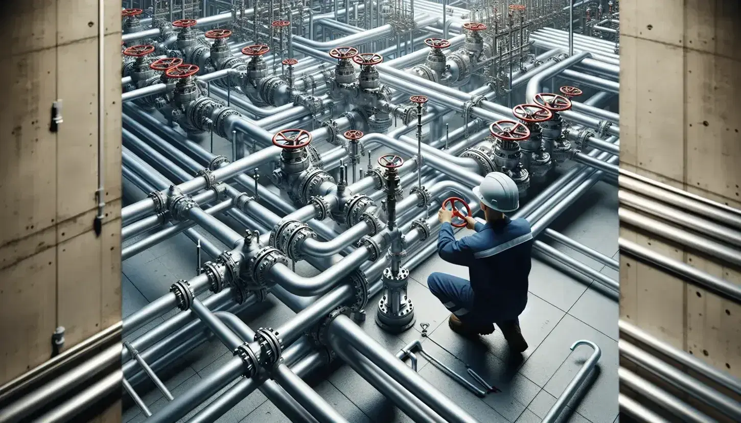 Técnico ajustando válvulas de red de tuberías metálicas con manijas rojas en instalación industrial, fondo de pared de concreto.