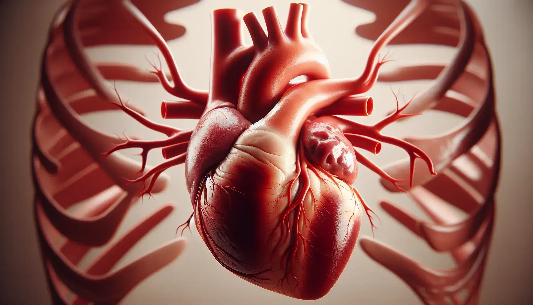 Cuore umano realistico in primo piano con arterie coronarie visibili, aorta e struttura delle costole sfocate sullo sfondo neutro.