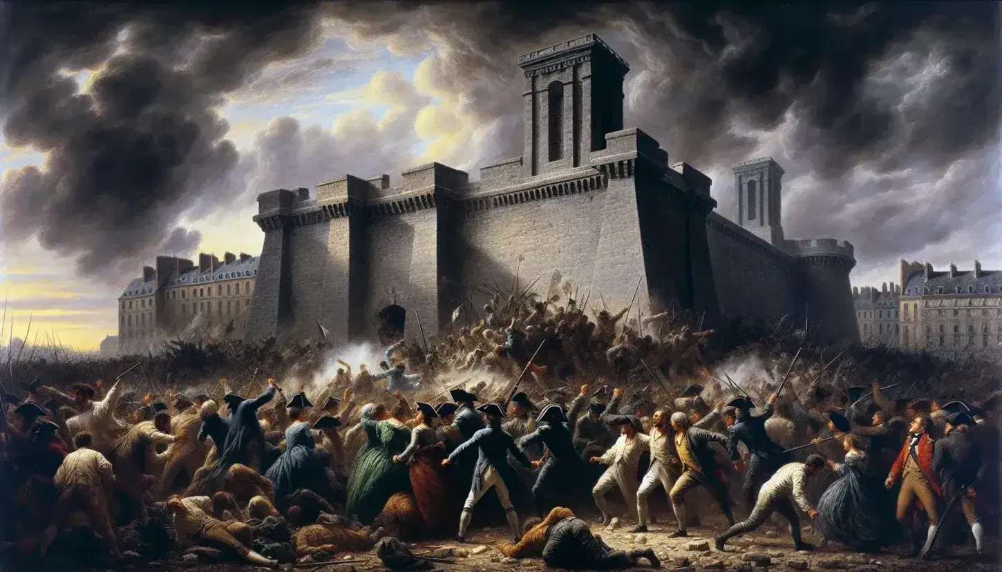 Assalto alla Bastiglia durante la Rivoluzione Francese, con folla in tumulto davanti alla fortezza grigia sotto un cielo tempestoso.