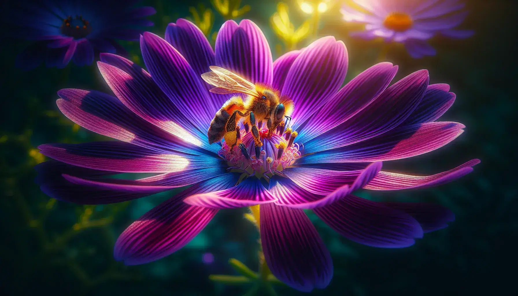 Bee gathering nectar on a vibrant purple flower, with pollen-covered wings and body, against a soft-focus green foliage backdrop.