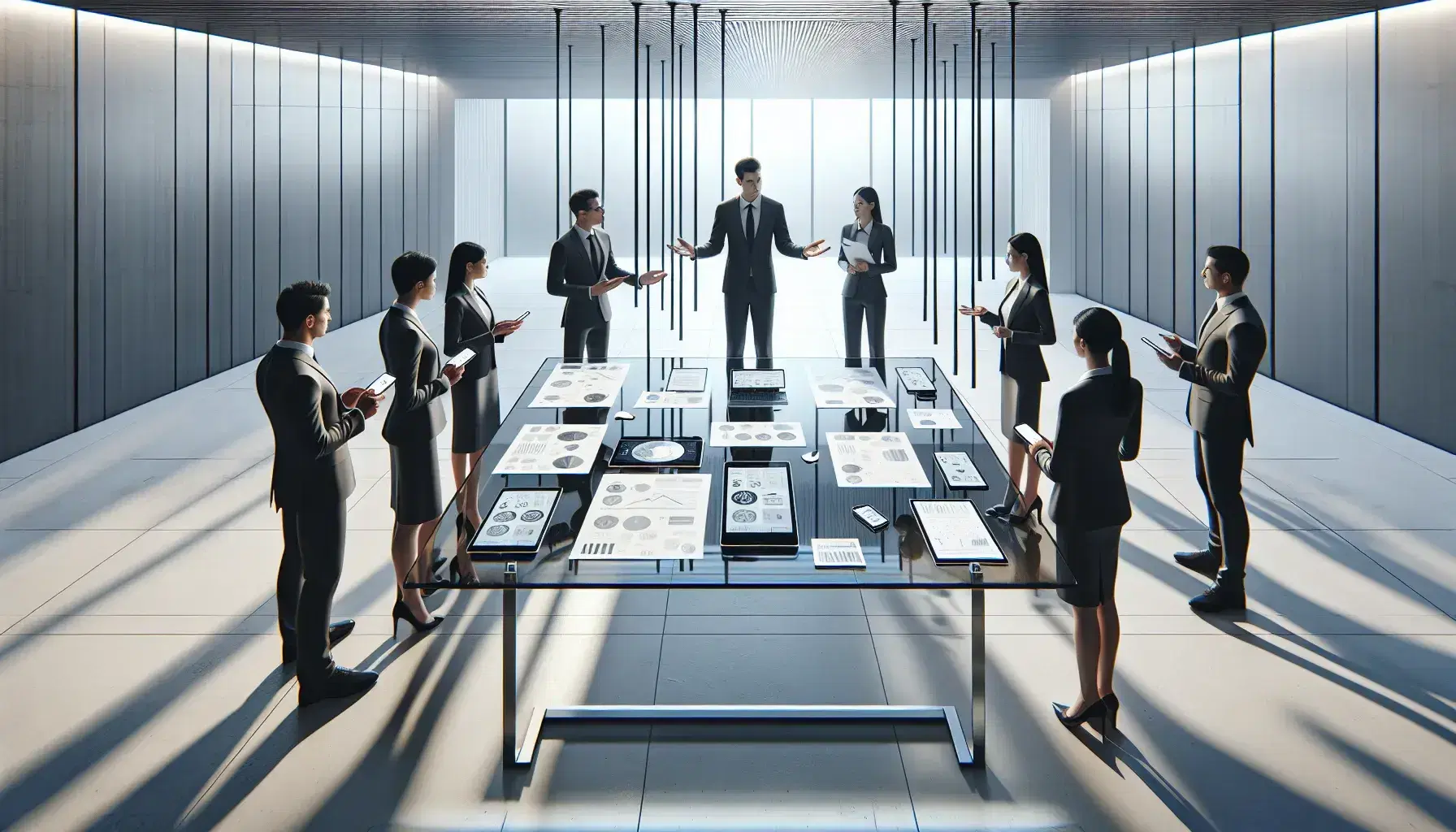 Grupo de cinco profesionales en reunión de trabajo en oficina moderna con mesa de vidrio, dispositivos electrónicos y papeles con gráficos.