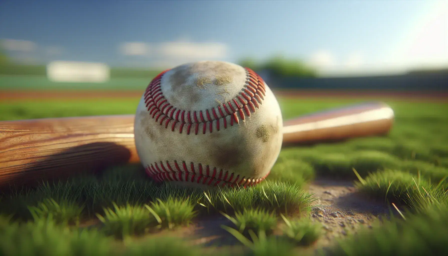 Weathered baseball on overgrown grass with frayed red stitching, a wooden bat in the background, and a clear blue sky above.