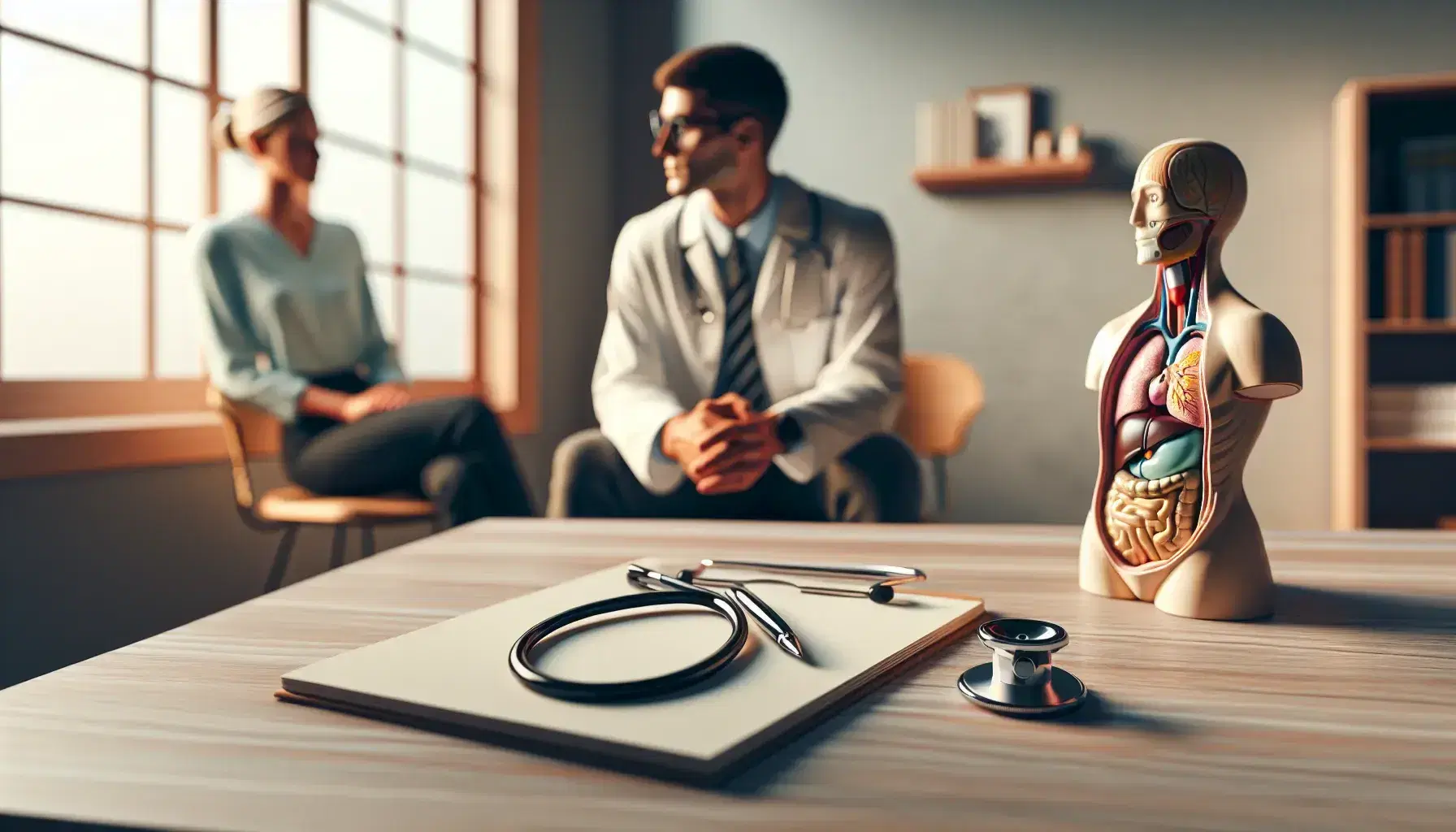 Consulta médica en oficina con doctor y paciente, mesa con bloc de notas, bolígrafo y estetoscopio, y modelo anatómico de torso humano.