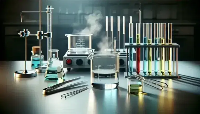 Tavolo da laboratorio con becher di vetro e liquido incolore, cilindro graduato con liquido blu, piastre riscaldanti, pinze, agitatore magnetico e termometro.