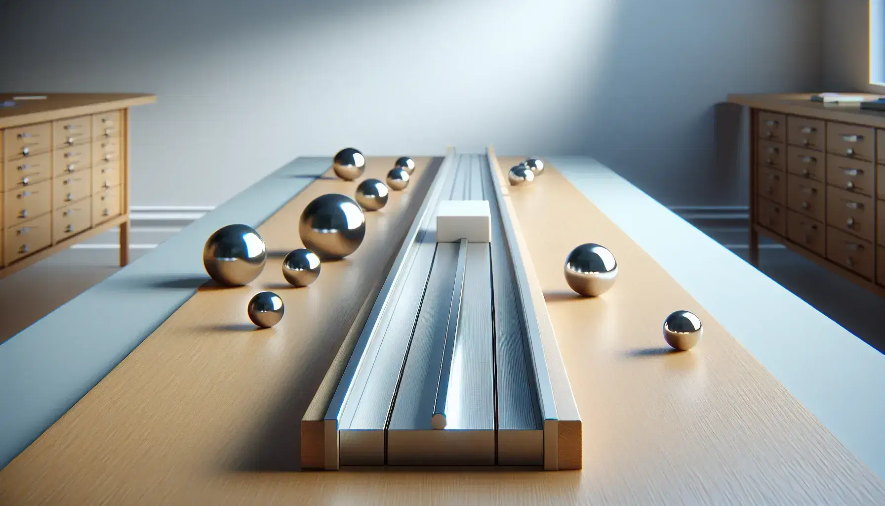 Mesa de laboratorio con pista de aire y deslizador blanco, junto a esferas metálicas ordenadas por tamaño bajo luz natural, sin signos visibles.