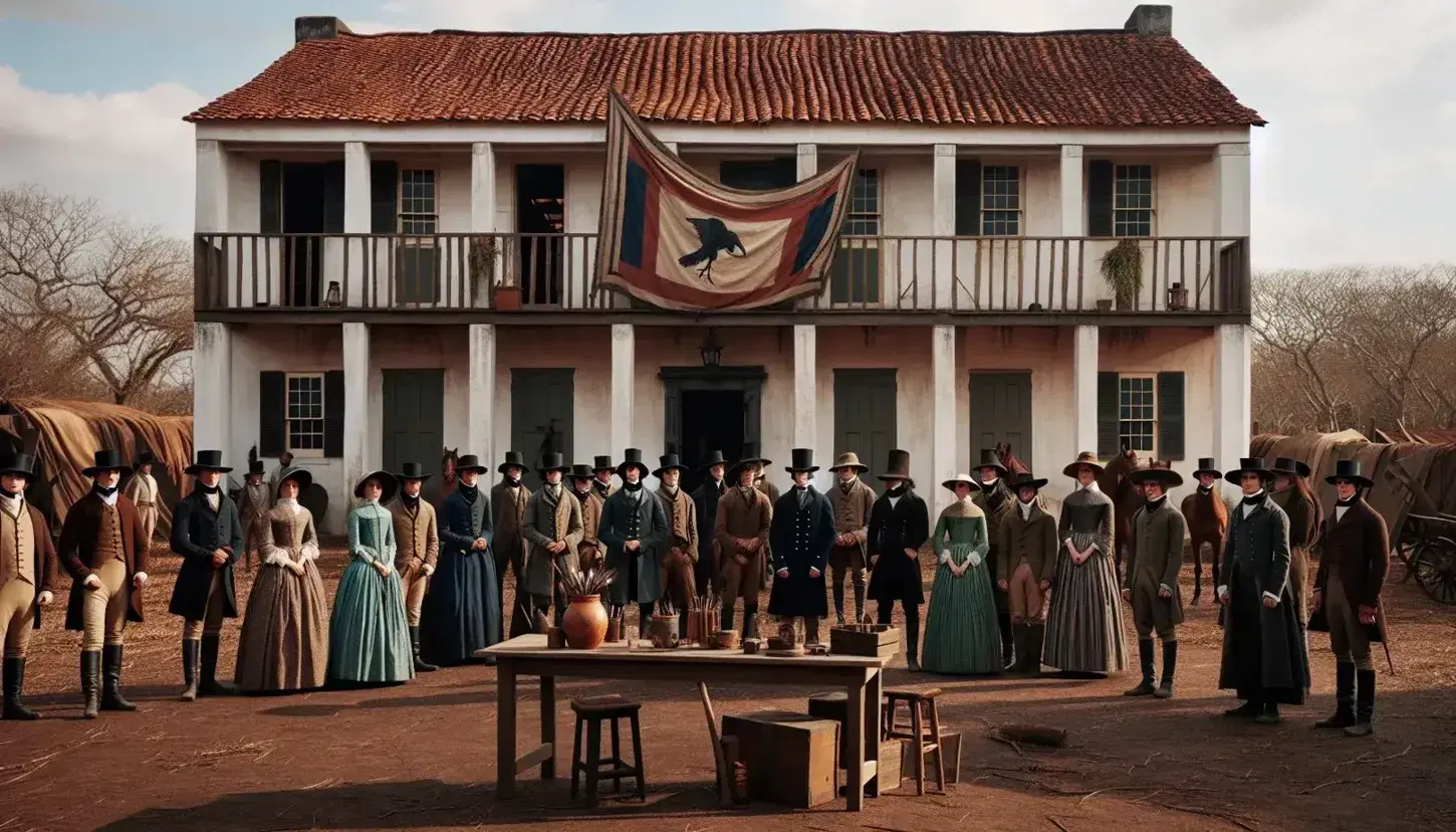 Escena histórica al aire libre con personas en atuendos del siglo XIX frente a edificio colonial, mesa con tintero y pluma, y caballo atado a un poste.