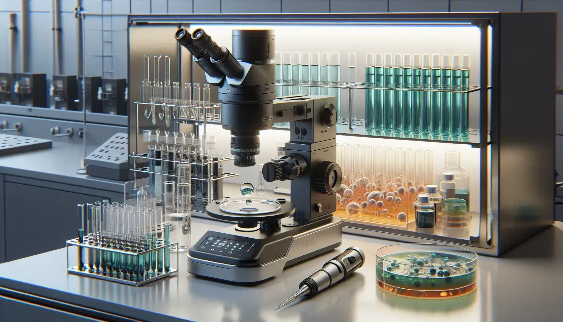 Laboratorio di ricerca genetica con microscopio elettronico, provette colorate, pipetta automatica e colture batteriche su terreno in Petri.