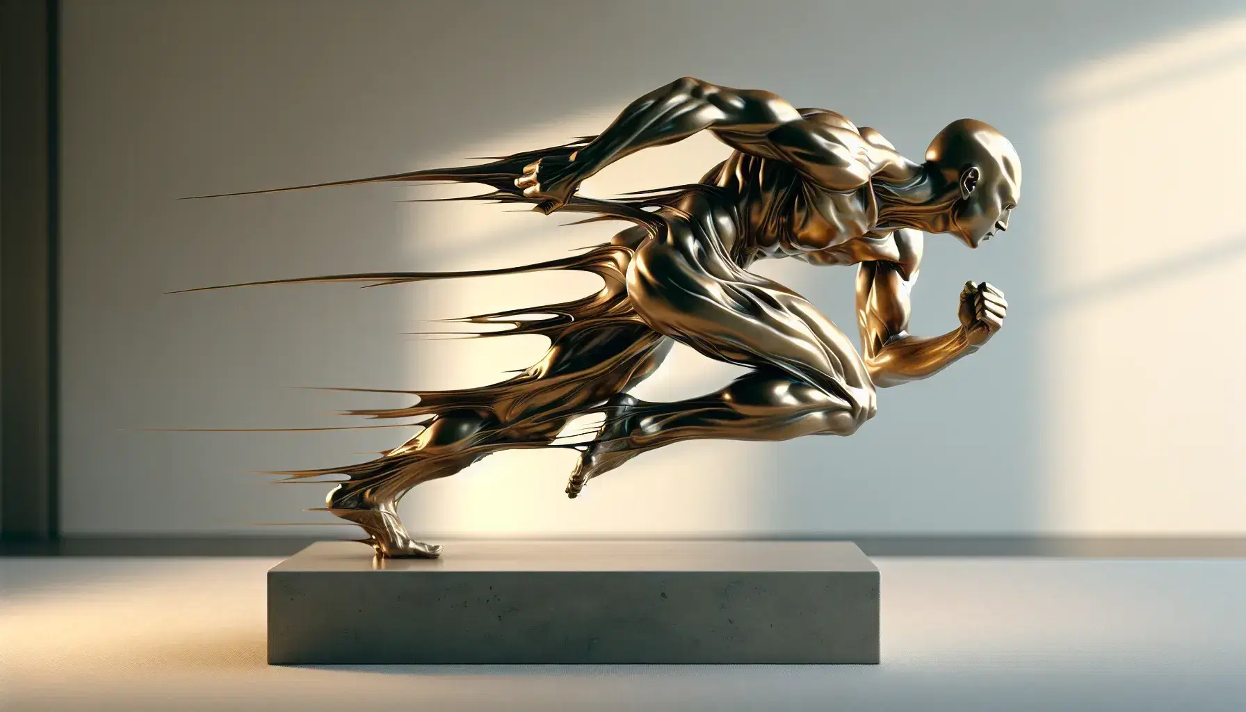 Scultura in bronzo di figura umanoide in movimento con superfici lisce e linee fluide su piedistallo neutro, riflettendo luce dorata.