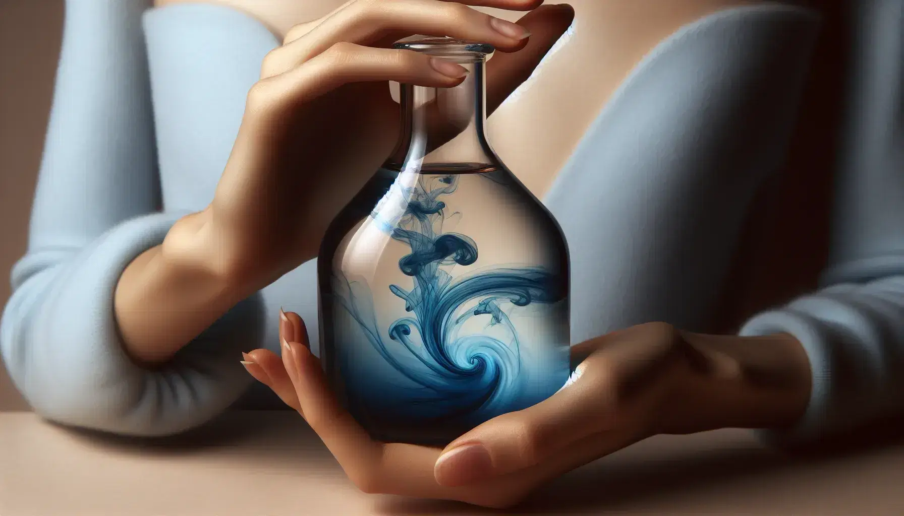 Hands cradling a glass flask with a gradient blue liquid, light reflecting off the surface, against a soft beige background.