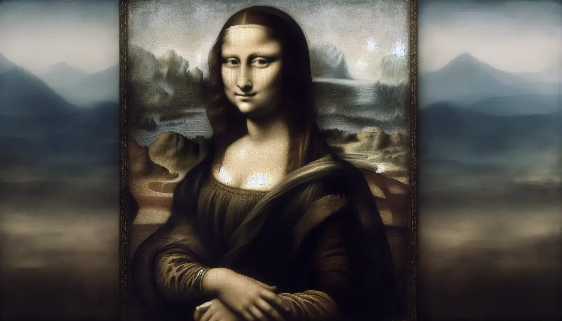 Ritratto della Gioconda di Leonardo da Vinci con sorriso enigmatico, abito rinascimentale e sfondo paesaggistico sfumato.