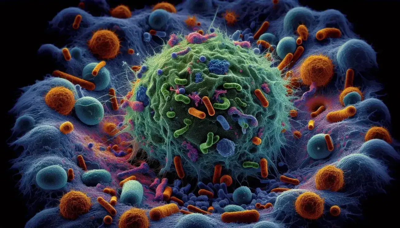 Micrografía electrónica de células inmunitarias humanas interactuando con bacterias, destacando una célula grande fagocitando microorganismos rodeada de células esféricas y estructuras filamentosas.