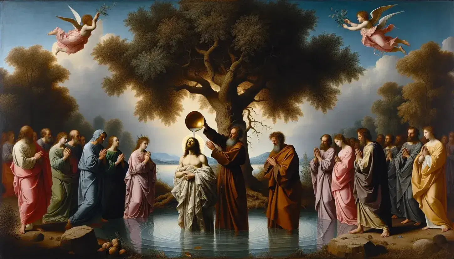 Riproduzione del Battesimo di Cristo di Piero della Francesca con Gesù nel fiume, Giovanni Battista, angeli devoti e cielo sereno.