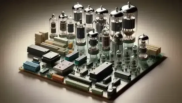 Colección de dispositivos electrónicos que muestran la evolución tecnológica, desde tubos de vacío hasta un moderno microprocesador y placa base.