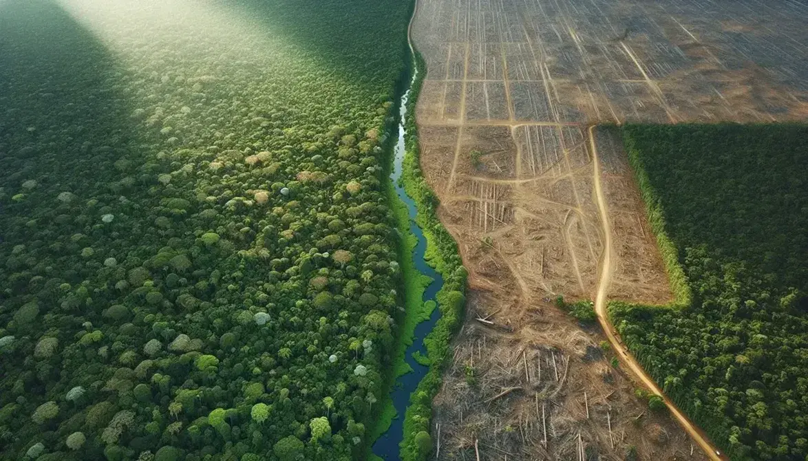 Vista aerea di un paesaggio diviso tra foresta rigogliosa e terreno deforestato con marcature rettangolari.