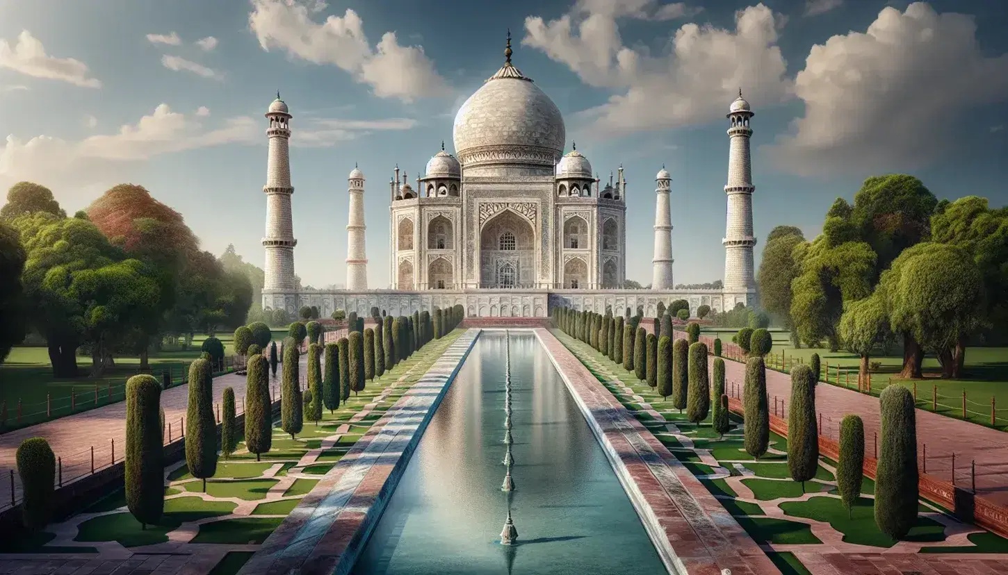 Taj Mahal mausoleum with white marble dome, golden finial, flanking minarets, reflecting pool, lush gardens, and red sandstone pathways under a clear blue sky.