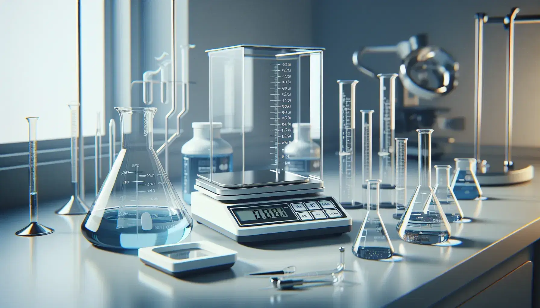 Strumentazione da laboratorio chimico con bilancia analitica digitale, cilindro graduato con liquido blu, becher e pipette su banco chiaro.