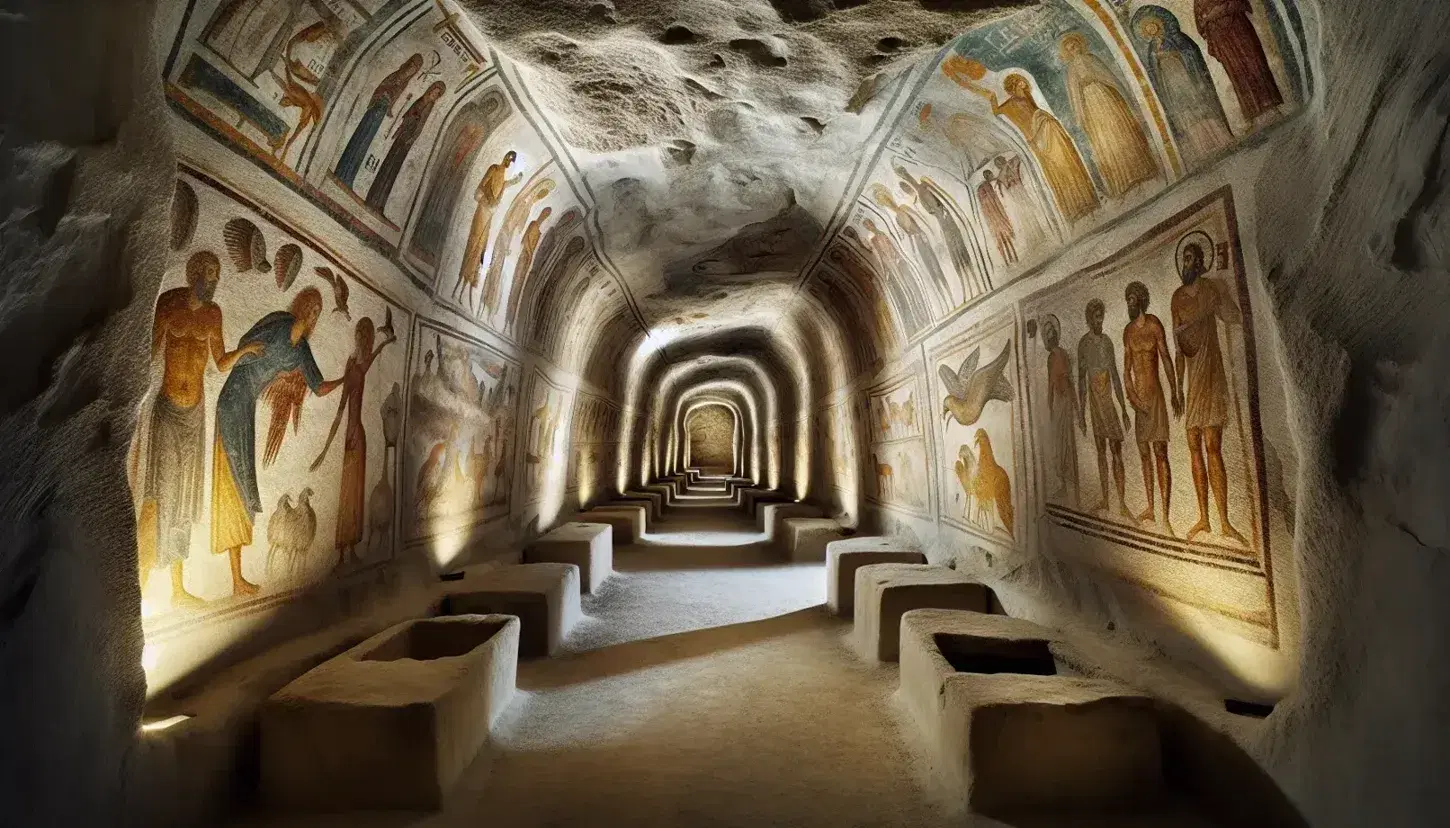 Interno di una catacomba paleocristiana con affreschi, corridoio stretto con nicchie e sarcofagi, pareti decorate con scene di vita quotidiana.