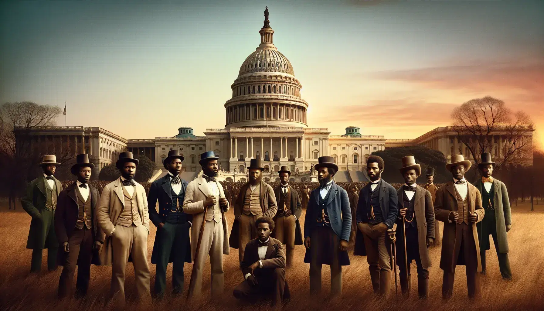African American men in late 1860s attire gather determinedly outside the US Capitol at dawn or dusk, with a clear gradient sky and bare trees.