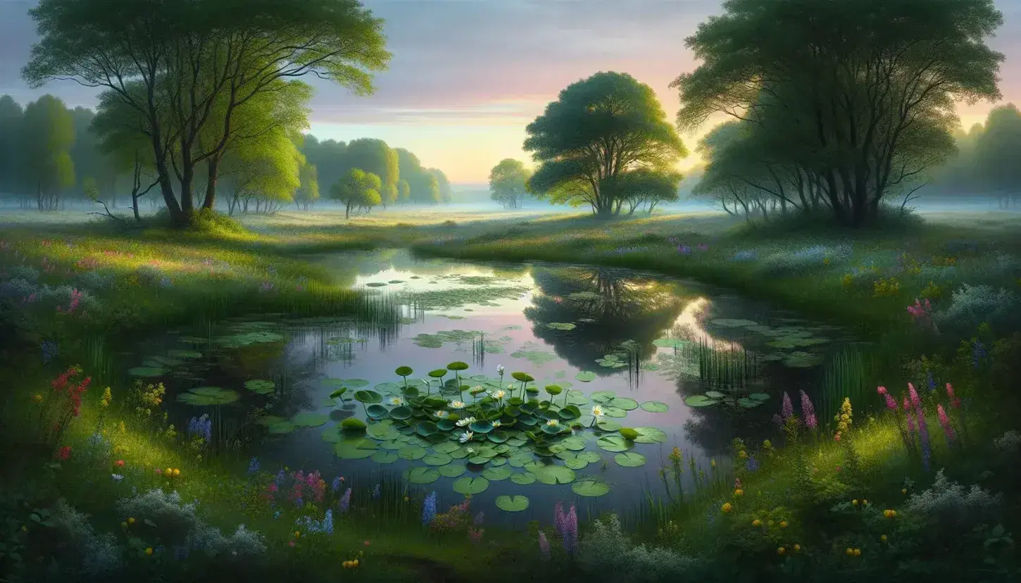 Tranquil dawn landscape with a reflective pond, water lilies, wildflower-dotted meadow, and a tree canopy against a pastel sky.