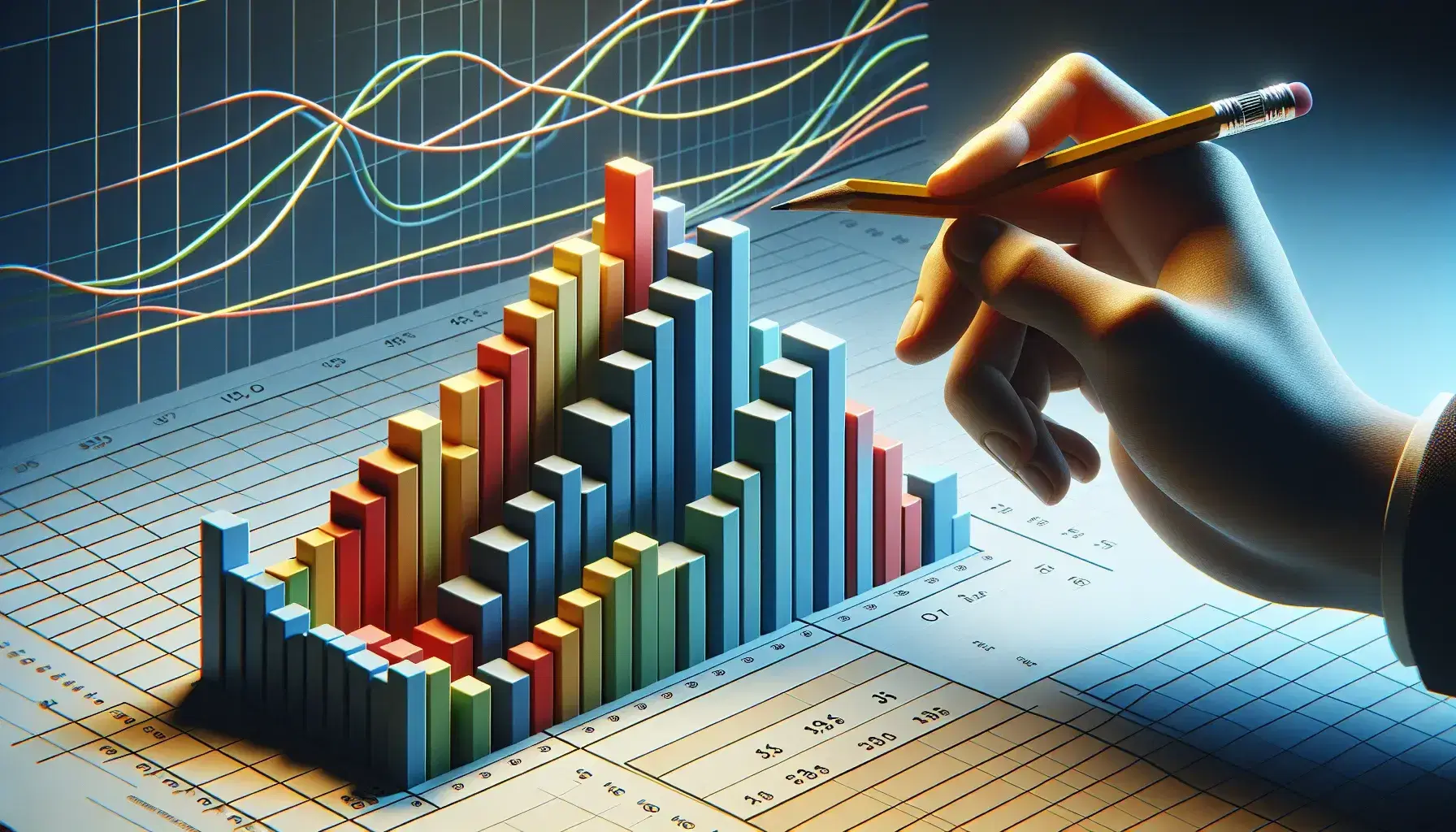 Mano sosteniendo lápiz apunta a gráficos de barras tridimensionales en colores variados sobre superficie plana, con líneas curvas suaves de fondo.