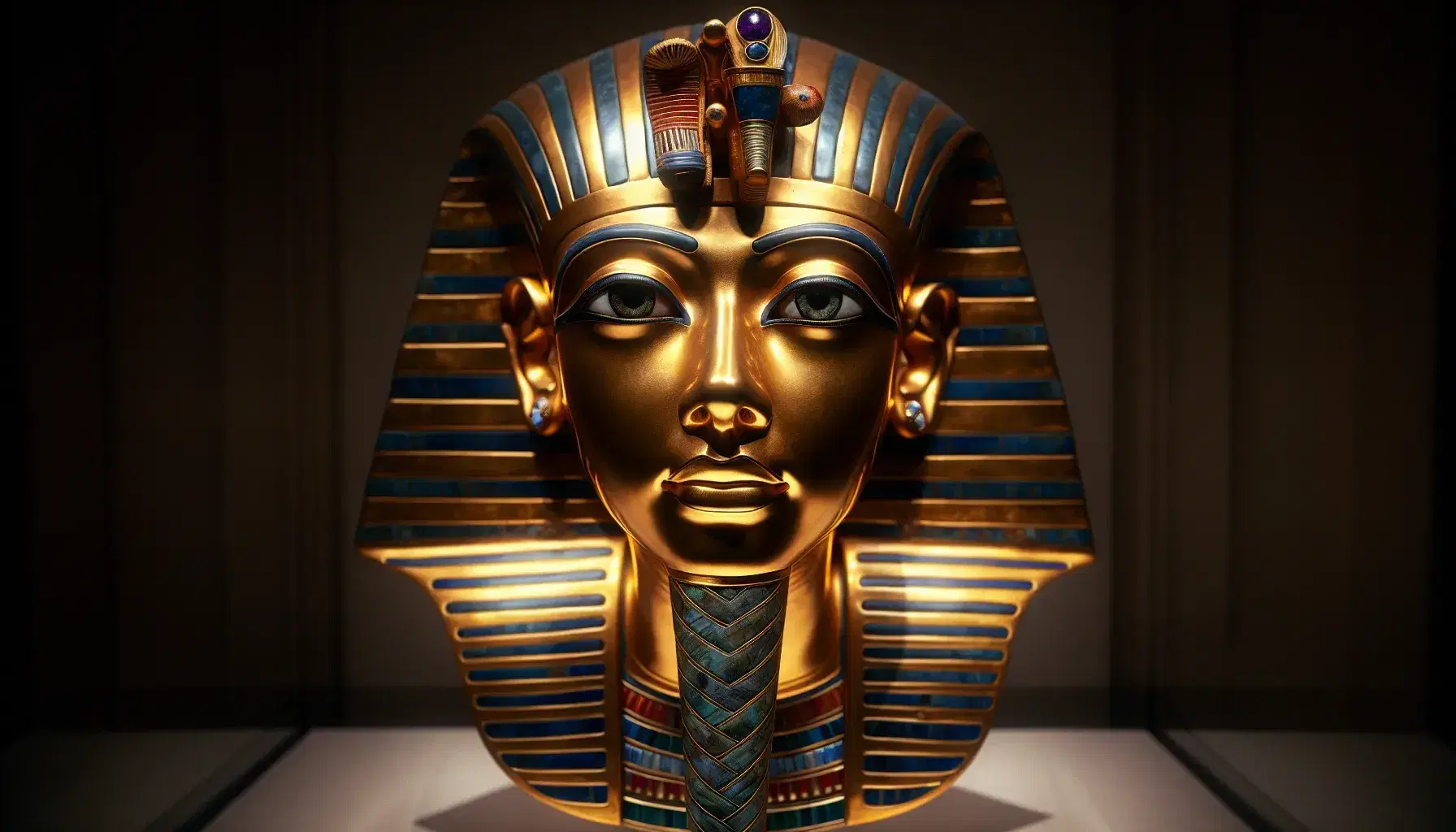 Maschera funeraria in oro di Tutankhamun con pietre preziose, nemes a strisce blu e oro, e ureus, su sfondo neutro.