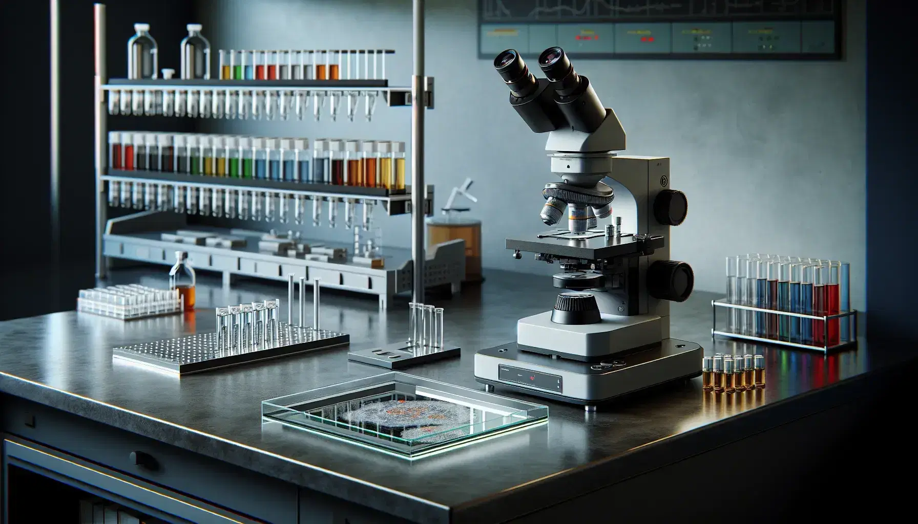 Modern laboratory with a compound light microscope on a workbench, glass slides with tissue samples, and a rack of colorful vial reagents.
