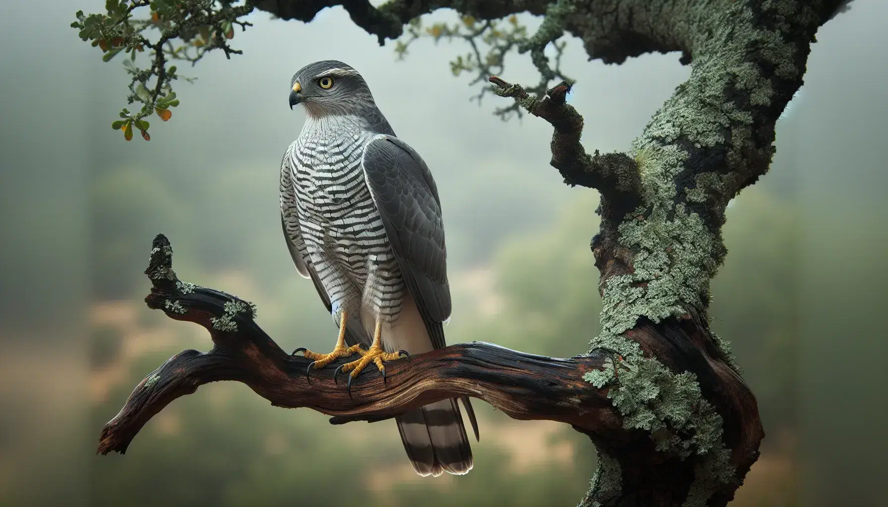 Goshawk perched on an old oak branch, with slate grey and brown plumage, yellow beak, and amber eyes, in a soft-focus woodland backdrop.