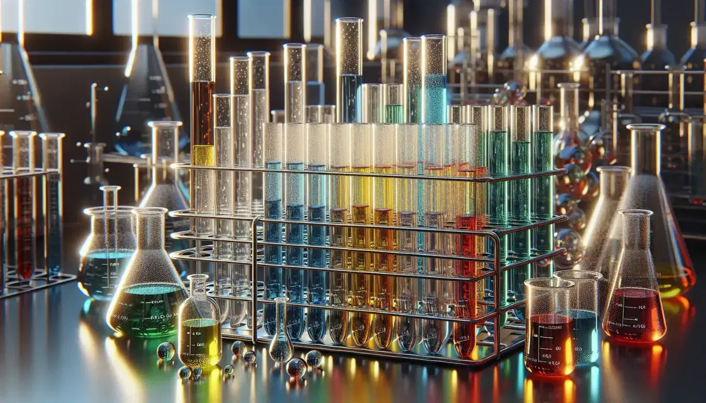Conjunto de tubos de ensayo de vidrio con líquidos de colores variados en gradilla metálica y matraz Erlenmeyer con líquido incoloro, reflejando la luz en laboratorio.