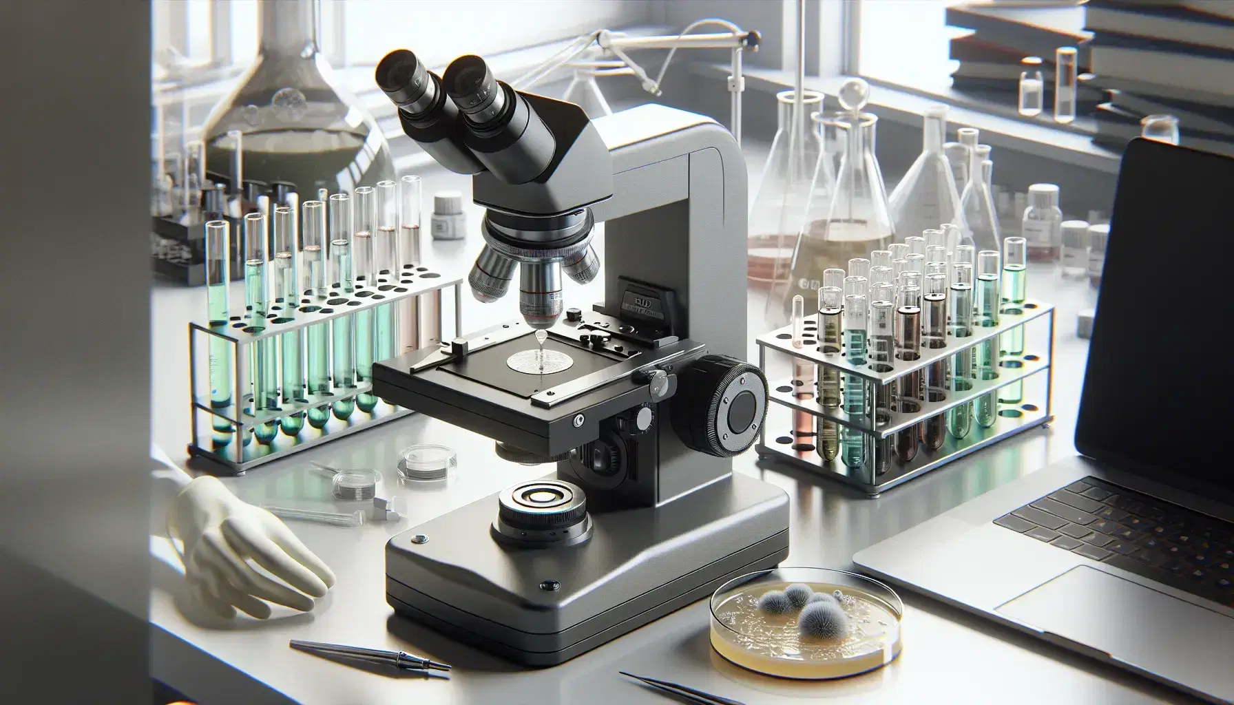 Laboratorio scientifico con microscopio elettronico, provette colorate, coltura batterica su agar e laptop spento.