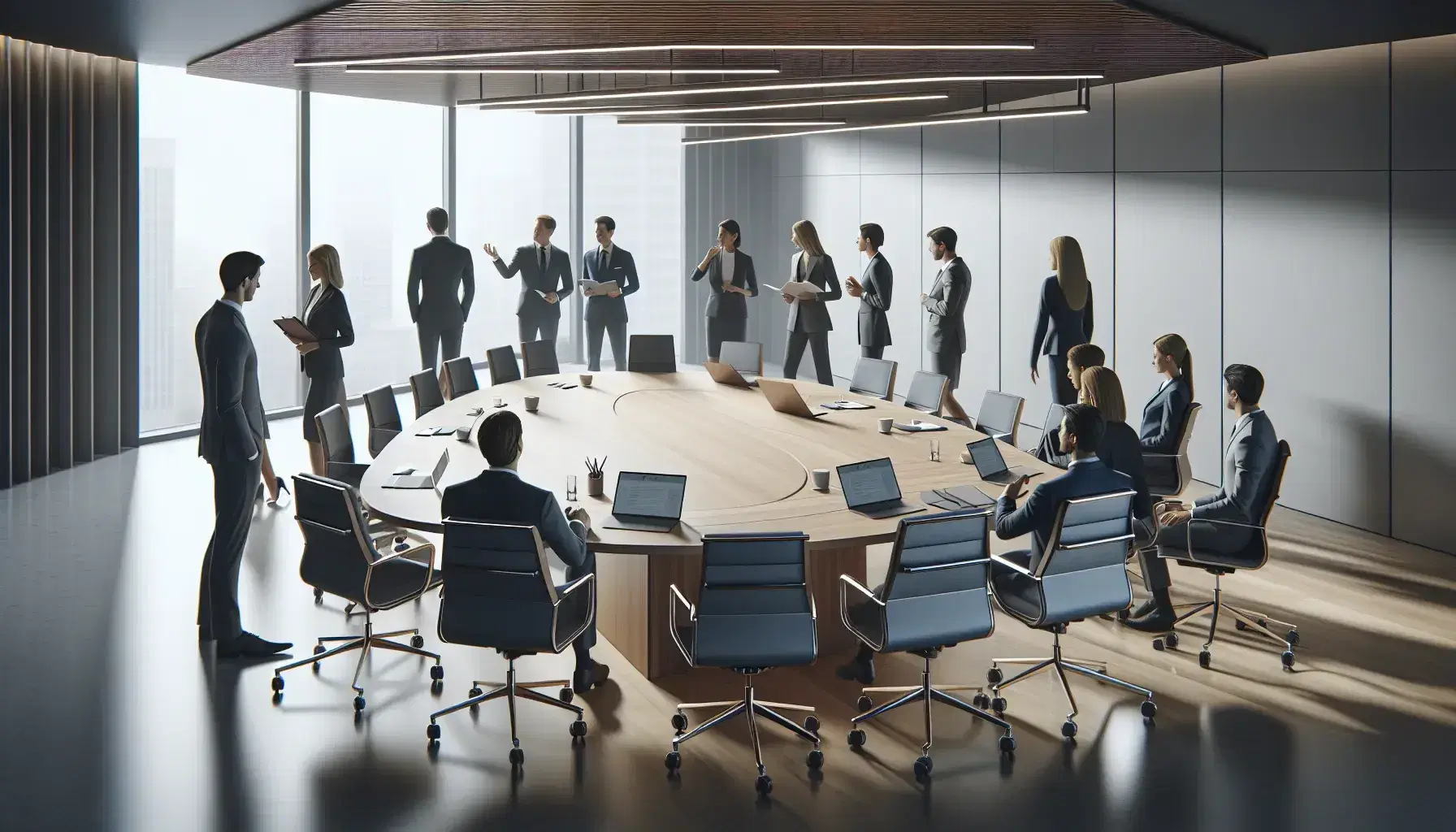Grupo diverso de profesionales en reunión de trabajo alrededor de una mesa ovalada con laptops y libretas en una sala iluminada con ventana al fondo.