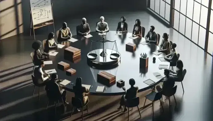 Grupo diverso de personas en reunión alrededor de una mesa redonda con balanza y bloques de madera, en un ambiente de discusión colaborativa.