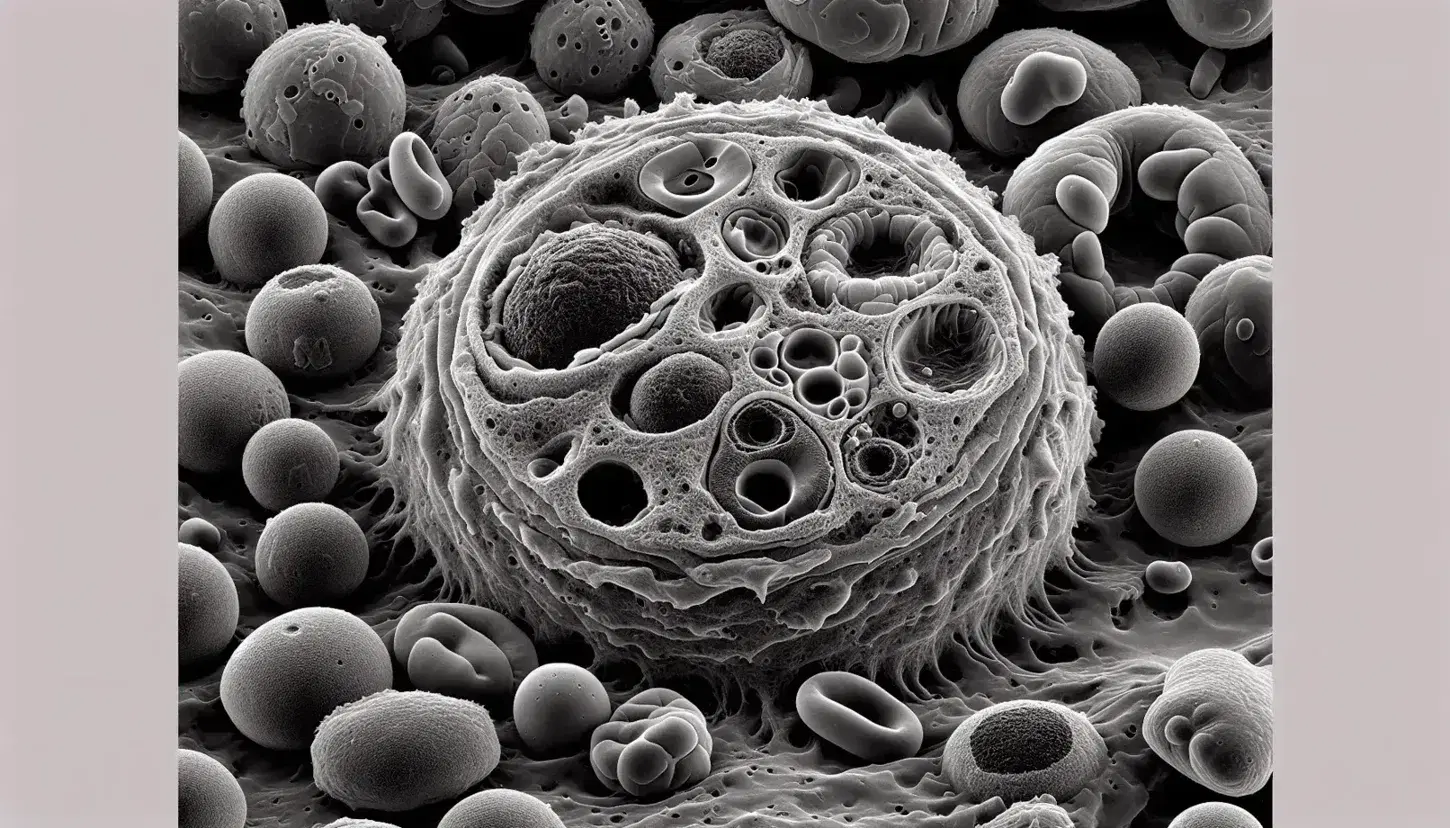 Célula grande con núcleo oscuro y estructuras internas tipo mitocondrias vistas al microscopio electrónico, rodeada de células menores en tonos de gris.