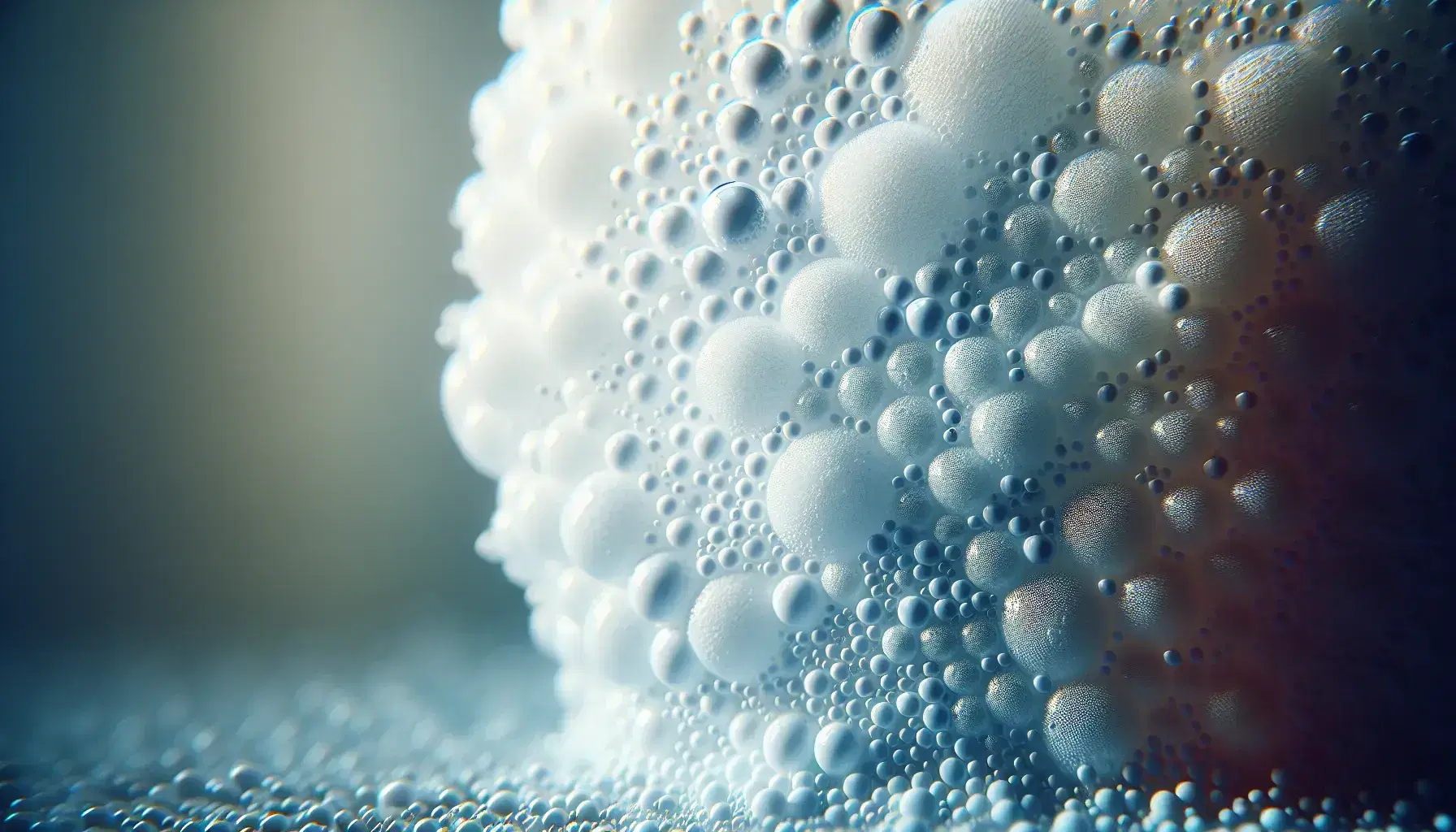 Espuma blanca aireada con burbujas de distintos tamaños sobre fondo azul claro, reflejando luz y sombra que resalta su textura tridimensional.