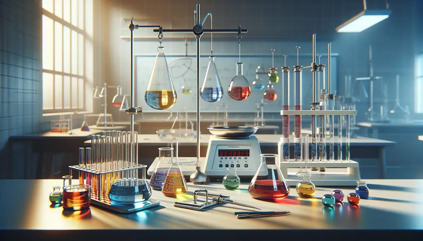 Laboratorio de química con erlenmeyers de líquidos coloridos, tubos de ensayo, balanza analítica y bureta en un ambiente científico.