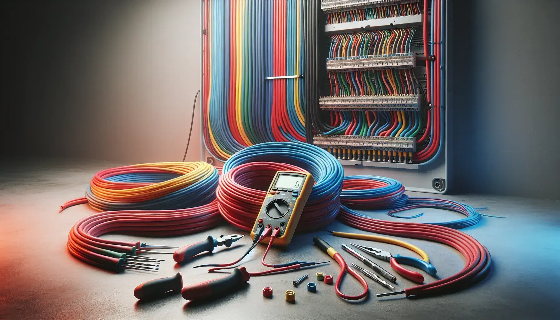 Cavi elettrici colorati intrecciati con multimetro, pinze e cacciaviti su superficie grigia, pannello elettrico sfocato sullo sfondo.