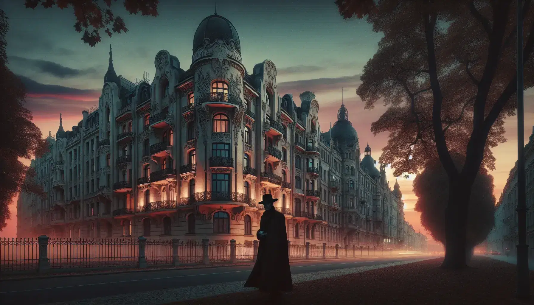 Veduta cittadina al crepuscolo con edificio in stile Art Nouveau e decorazioni floreali in ferro battuto, viale alberato e figura in abiti d'epoca.