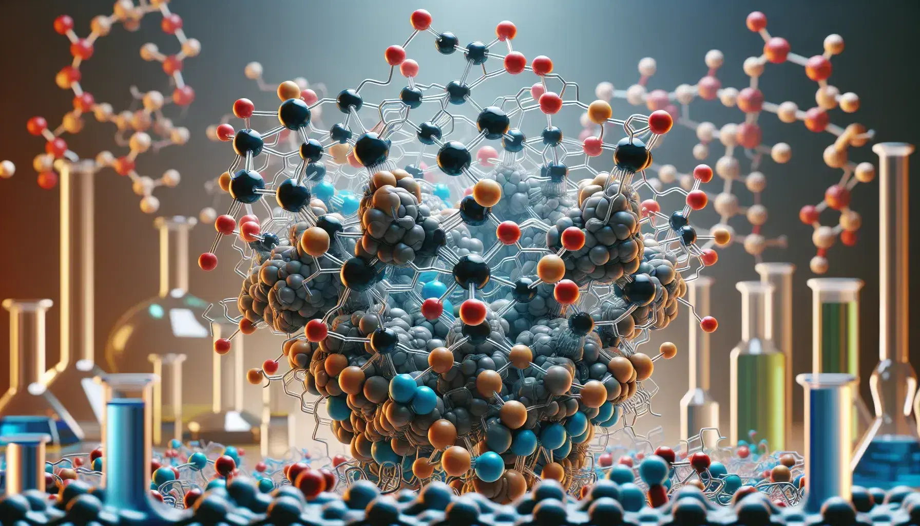 Three-dimensional molecular model of a MAPK enzyme with colored spheres representing different atoms, on a blurred laboratory background.