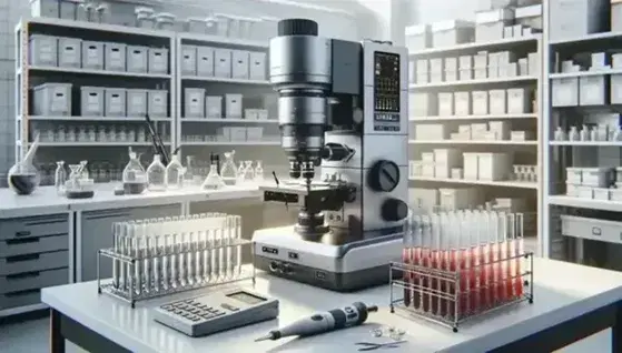 Microscopio elettronico a trasmissione avanzato in laboratorio biologico con provette colorate su tavolo bianco e pipetta automatica, ambiente professionale.