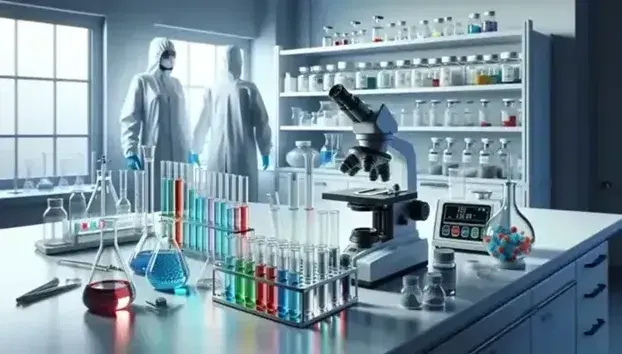 Laboratorio de investigación con tubos de ensayo de colores en soporte metálico, microscopio, balanza analítica y estantes con frascos, junto a investigador de espaldas anotando resultados.