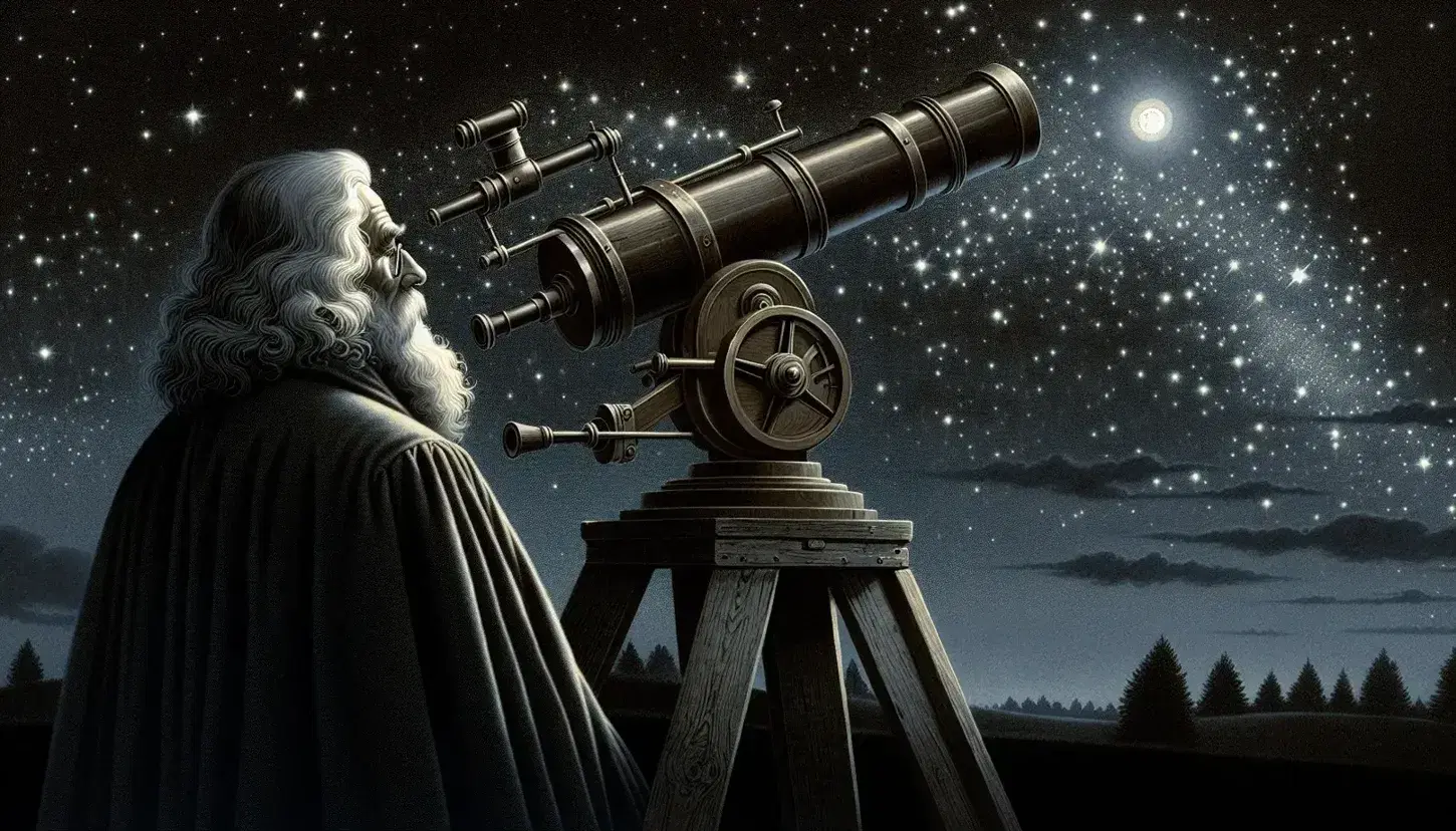 Scienziato del XVII secolo in abiti d'epoca osserva il cielo stellato con un telescopio su treppiede, sotto la luce della luna piena.