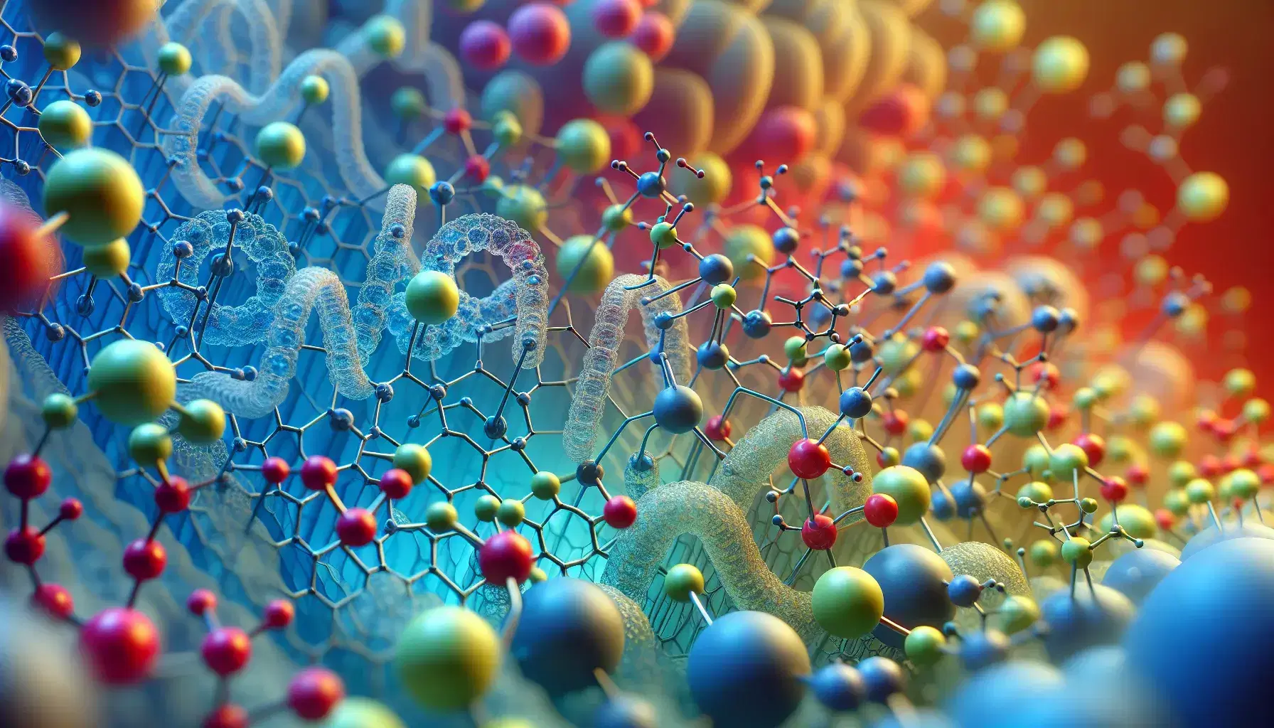 Moléculas 3D en colores variados con esferas y varillas que simbolizan átomos y enlaces químicos, sobre fondo de célula con membrana y receptores.
