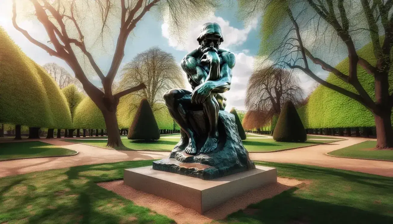 Estatua de bronce de hombre barbudo en pose reflexiva sentado con piernas cruzadas y mano en mejilla en parque soleado con árboles y caminos de grava.